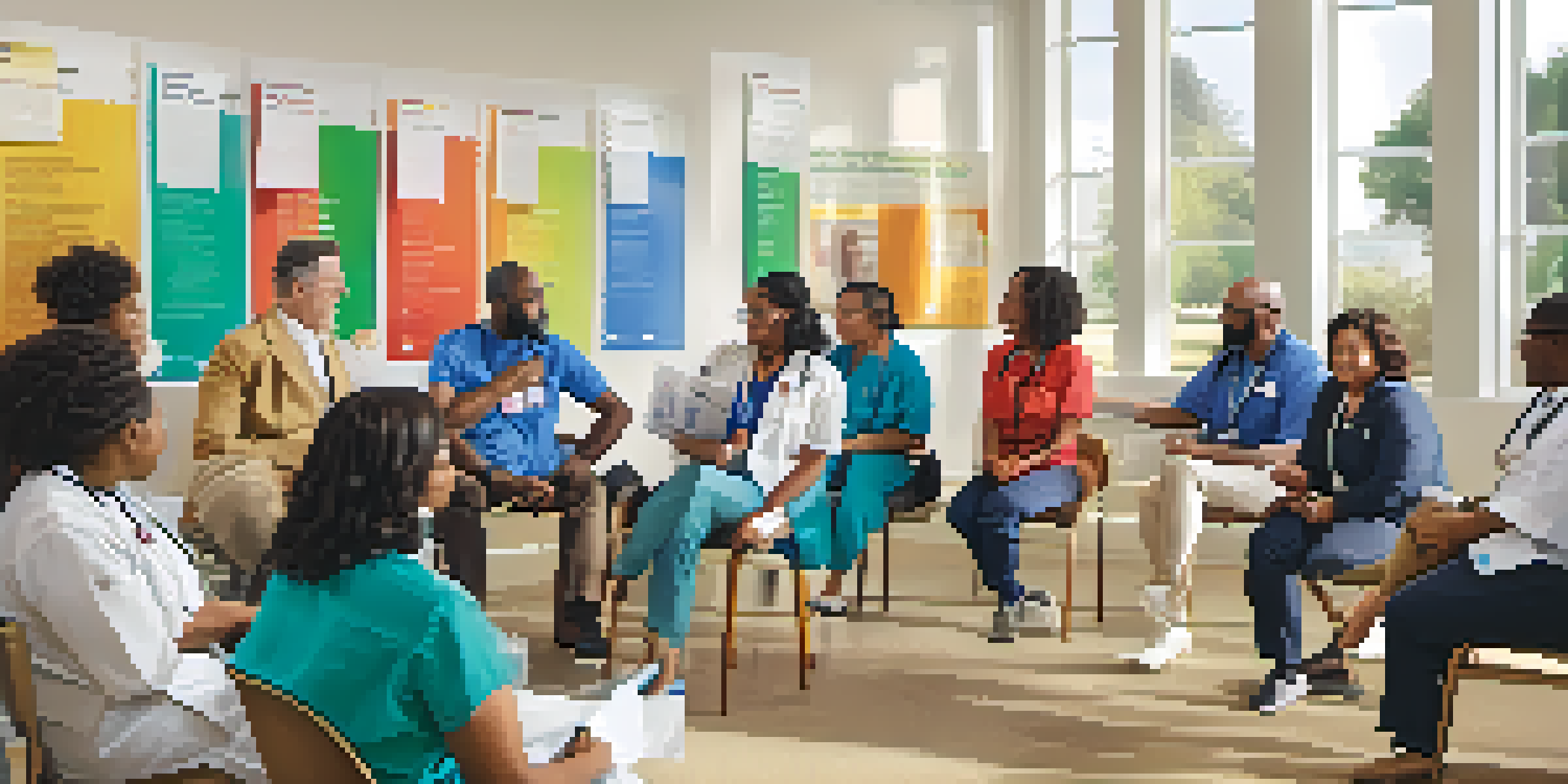 A diverse group of healthcare professionals and community members engaging in a health workshop in a brightly lit community center.