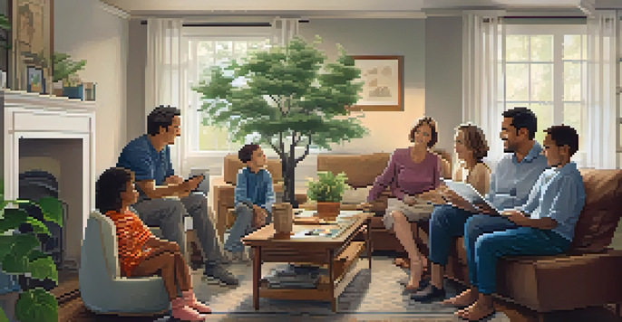 A family discussion in a living room about health history, with a grandmother, children, and father at a table with a laptop and a family health tree chart.