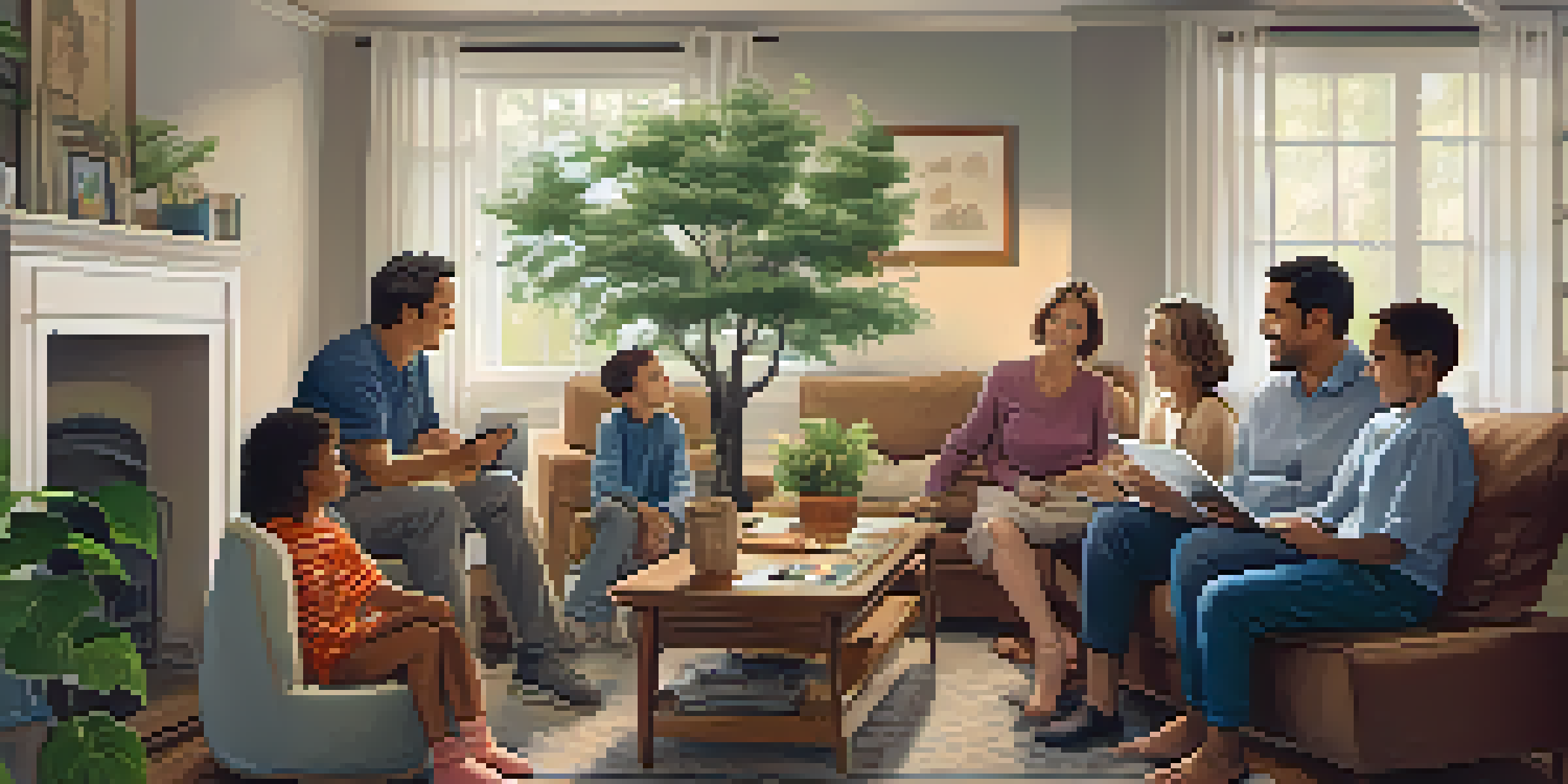 A family discussion in a living room about health history, with a grandmother, children, and father at a table with a laptop and a family health tree chart.