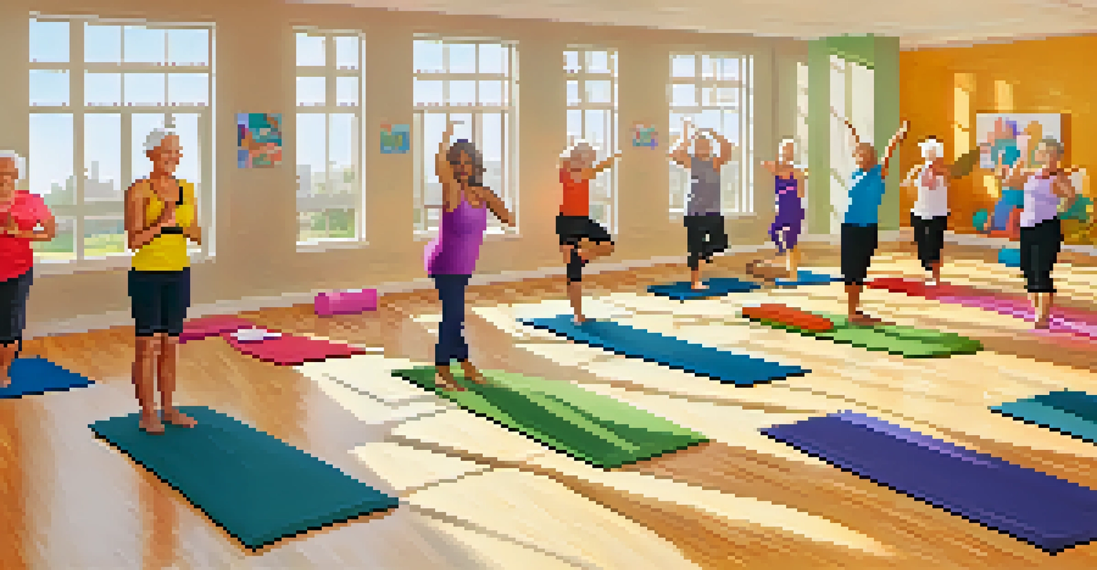 A group of older adults participating in a lively exercise class at a community center.