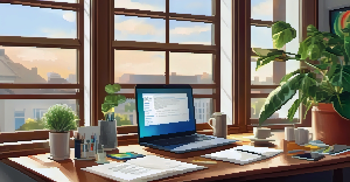 A bright and inviting office space with natural light, a laptop, notepad, coffee cup, and motivational quotes on the walls.