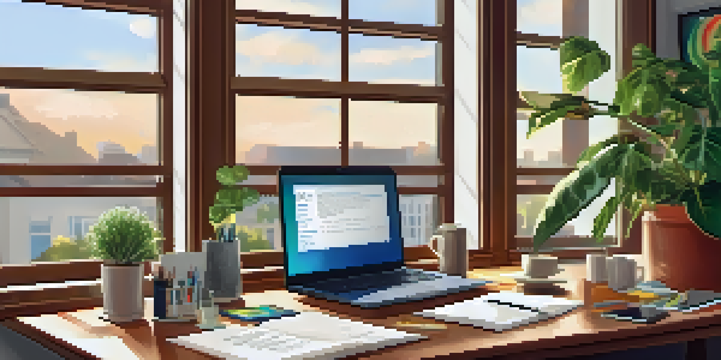 A bright and inviting office space with natural light, a laptop, notepad, coffee cup, and motivational quotes on the walls.
