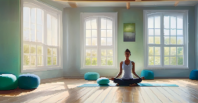 A yoga studio with a person meditating, surrounded by cushions and natural light.