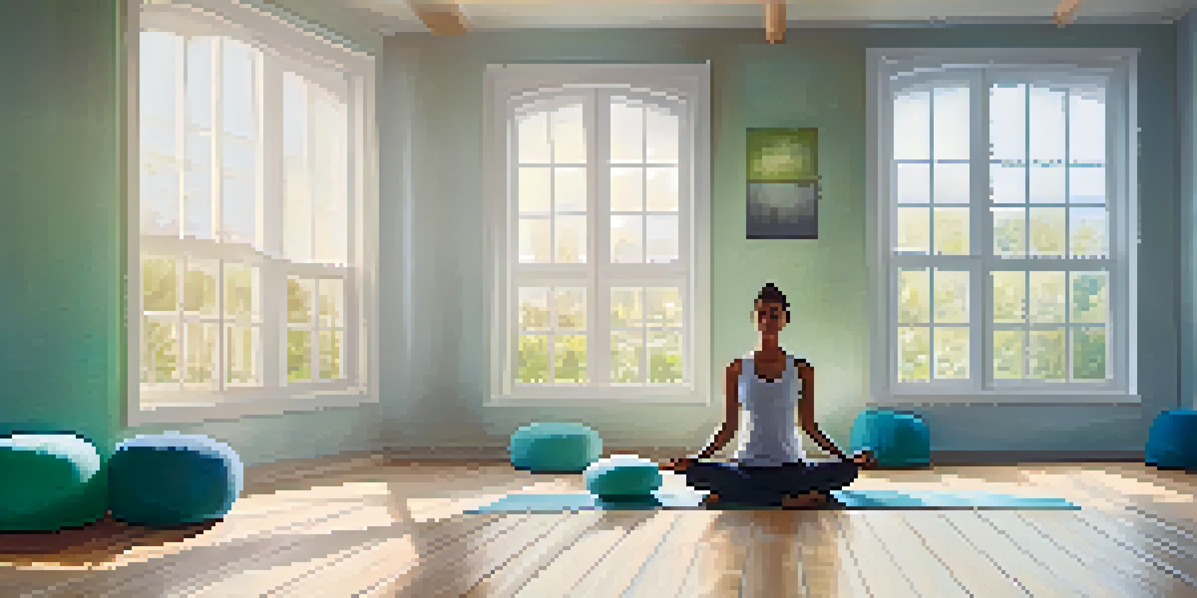 A yoga studio with a person meditating, surrounded by cushions and natural light.