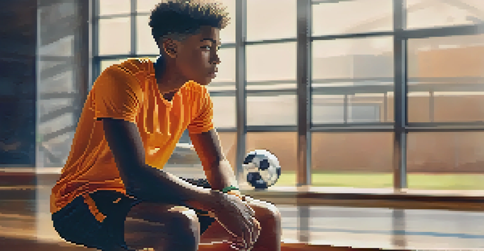 A young athlete sitting on a gym bench with a soccer ball, looking thoughtful in a softly lit gym.