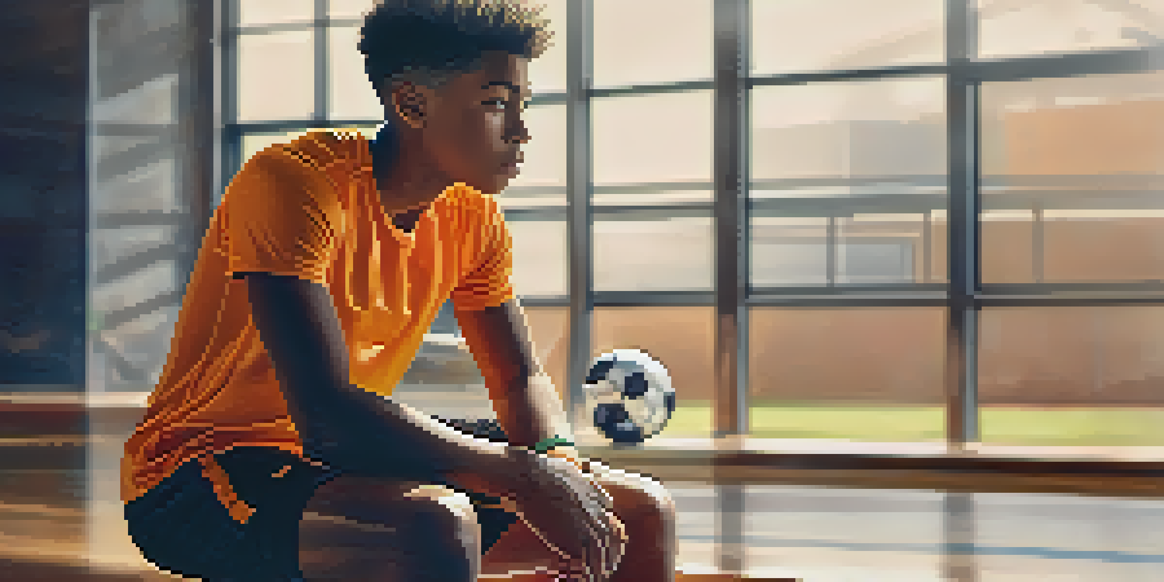A young athlete sitting on a gym bench with a soccer ball, looking thoughtful in a softly lit gym.