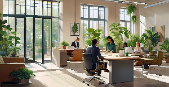An inviting office environment with employees collaborating around a table, surrounded by plants and natural light.