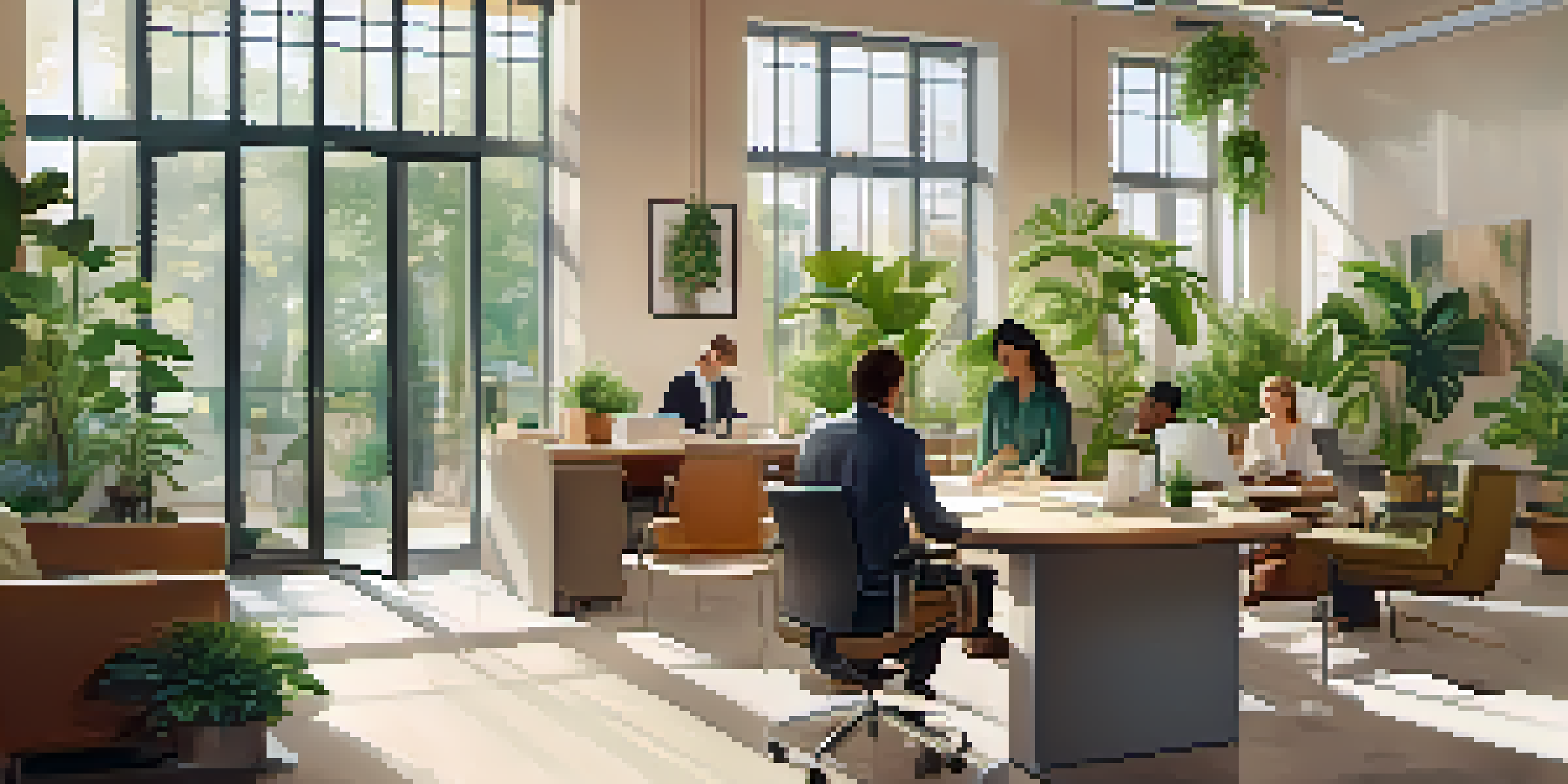 An inviting office environment with employees collaborating around a table, surrounded by plants and natural light.