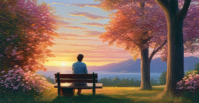 A person journaling on a wooden bench during a colorful sunset, surrounded by flowers and trees.