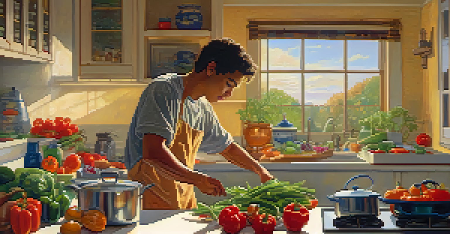 A young man cooking in a warm kitchen with fresh vegetables and a pot on the stove.