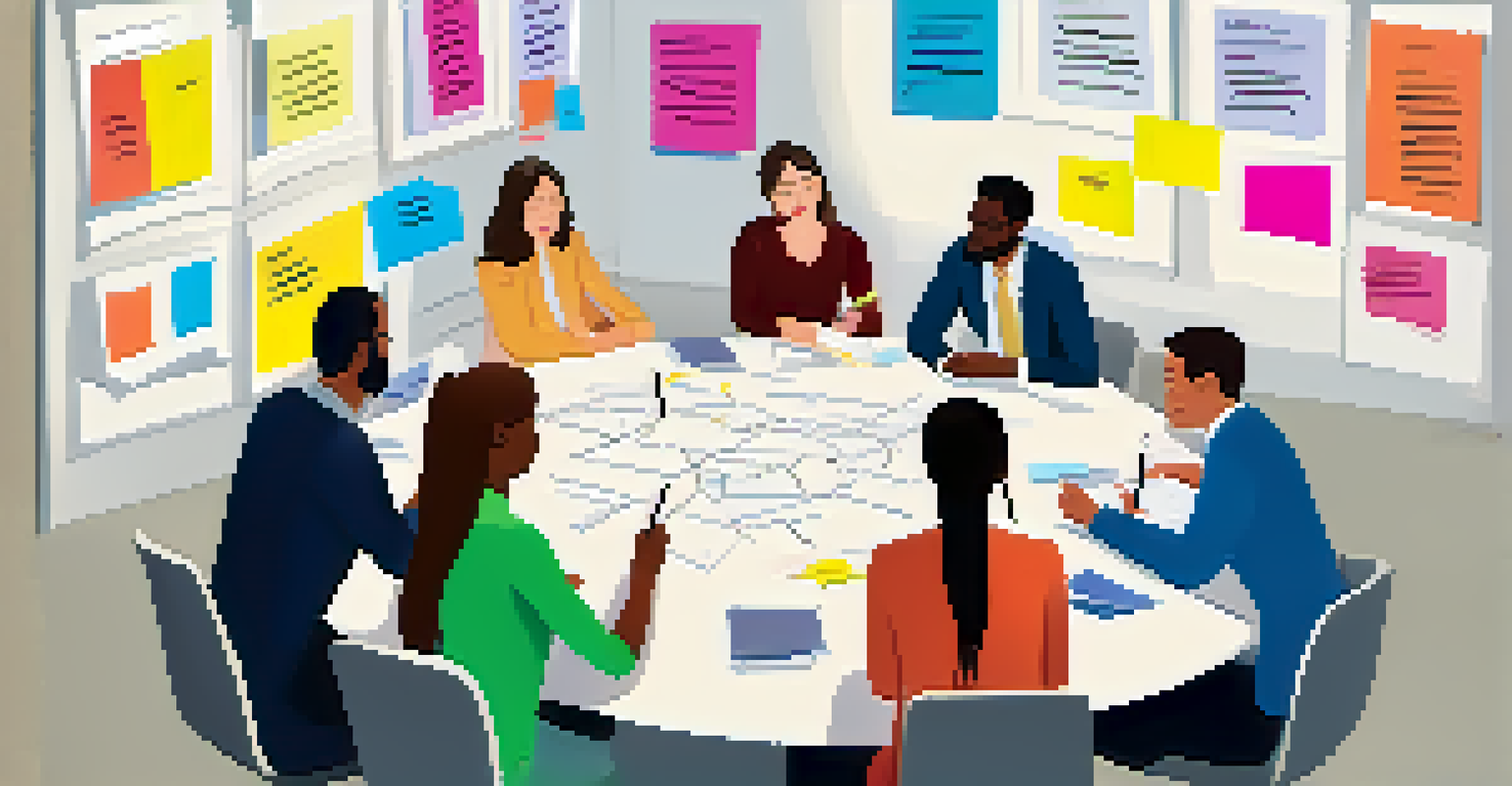 A group of diverse coworkers in a circle sharing feedback with notepads and colorful post-it notes, emphasizing teamwork.