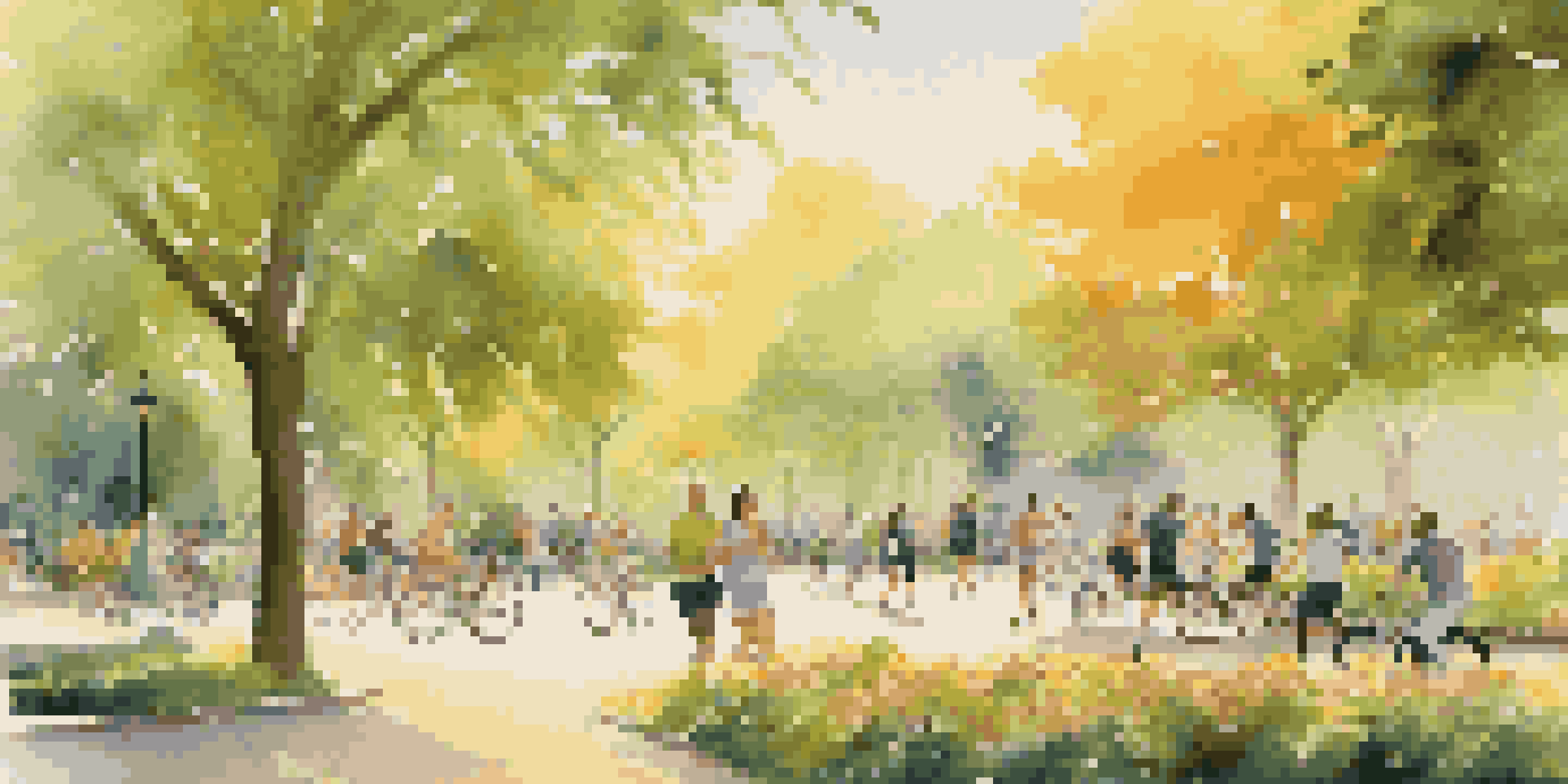 A peaceful park filled with people jogging, practicing yoga, and cycling in a sunny morning light, surrounded by green trees and flowers.