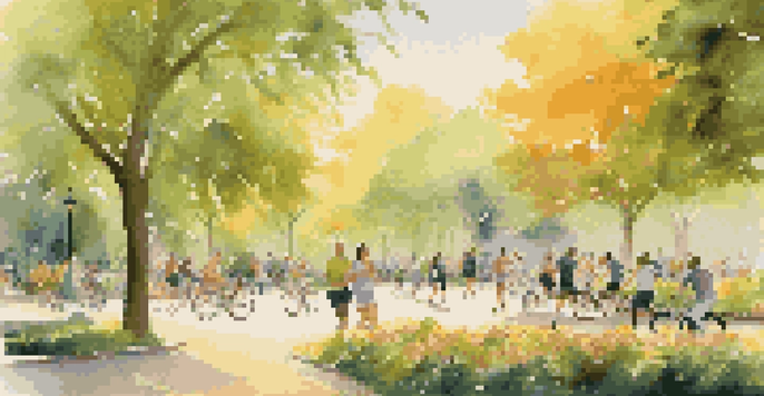 A peaceful park filled with people jogging, practicing yoga, and cycling in a sunny morning light, surrounded by green trees and flowers.