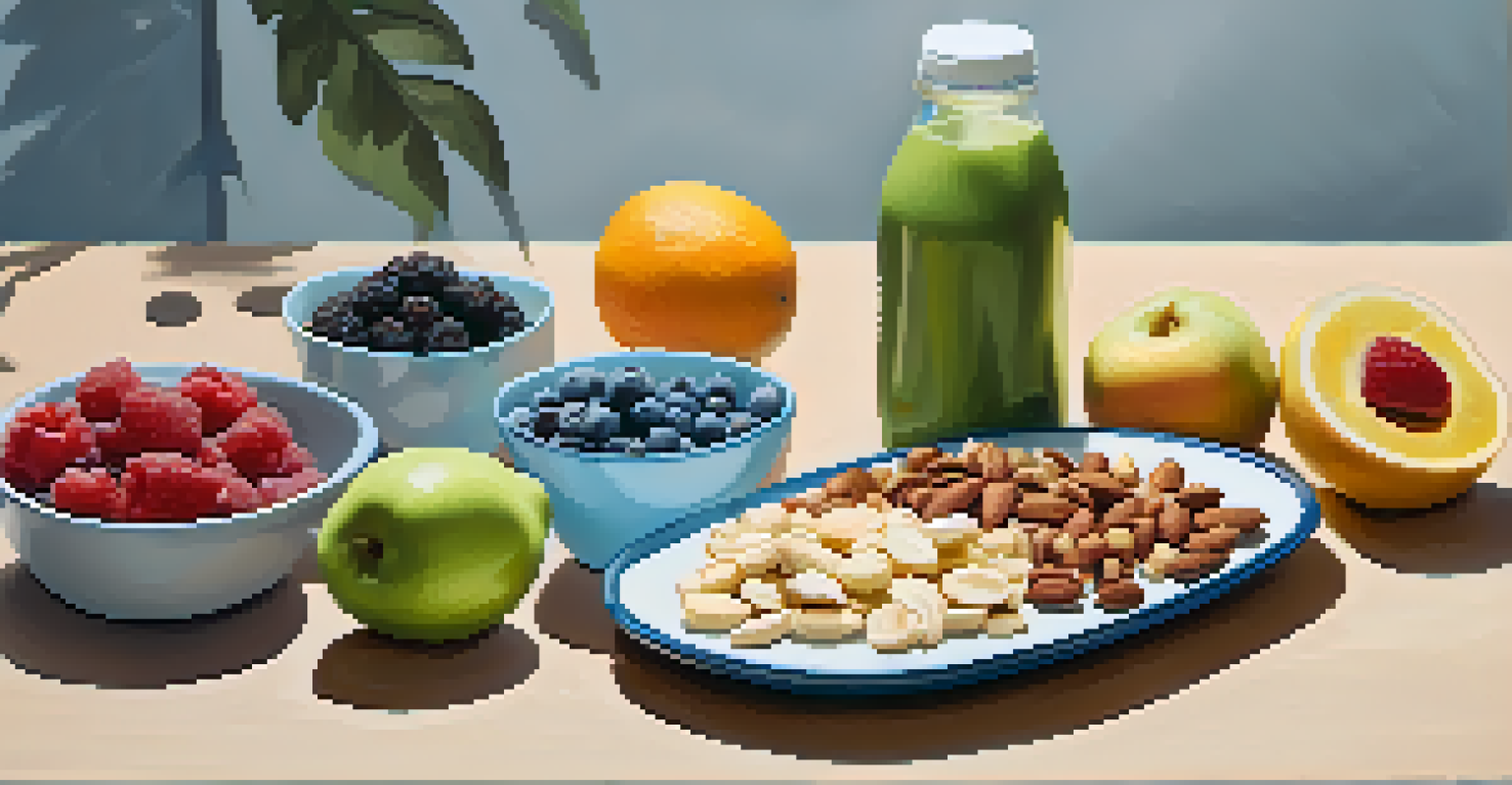 A selection of healthy snacks and a water bottle arranged on a table, promoting mindful eating for improved sleep quality.