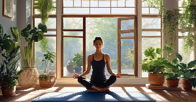 A person practicing yoga in a bright, sunlit room surrounded by plants and calming decor.