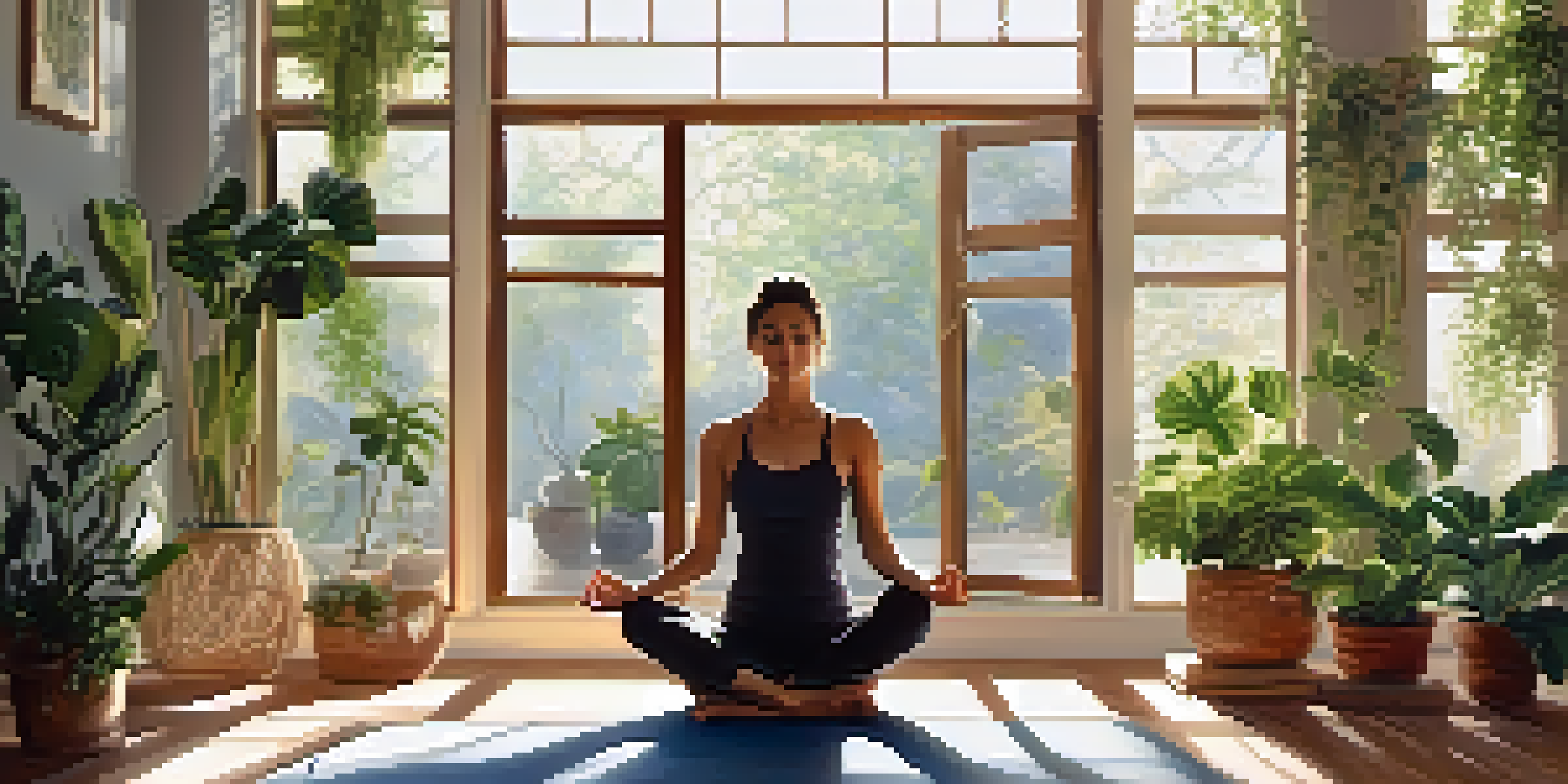 A person practicing yoga in a bright, sunlit room surrounded by plants and calming decor.