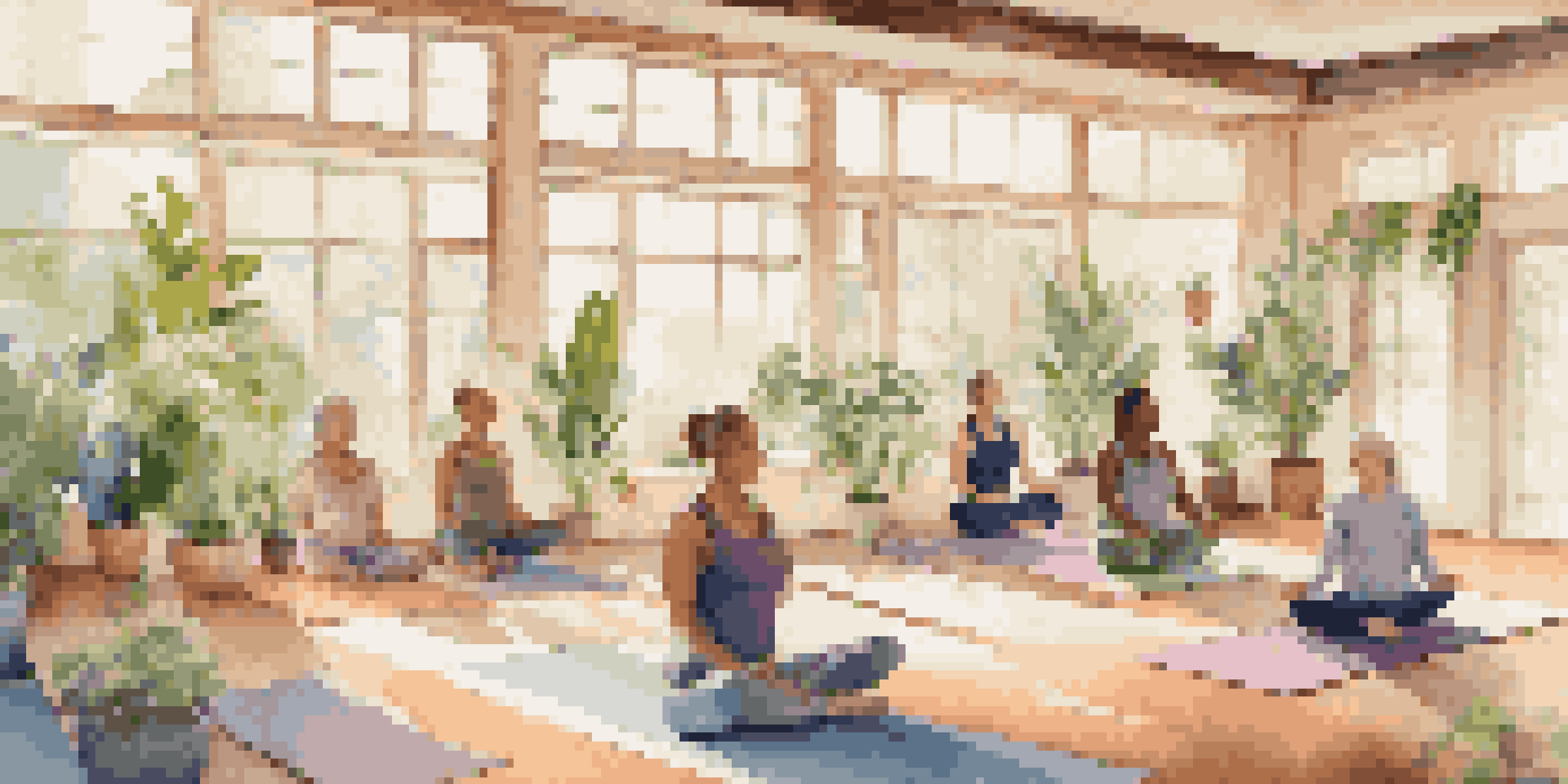 A diverse group of people practicing gentle yoga in a bright studio filled with plants and soft light.