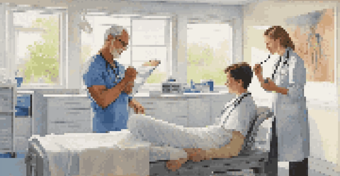 A family physician examining a young athlete in a bright clinic, showcasing a warm interaction and a well-equipped medical environment.