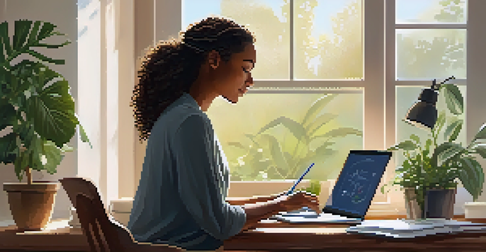 A person in a cozy home office participating in a remote consultation on a laptop, with a warm and inviting atmosphere.