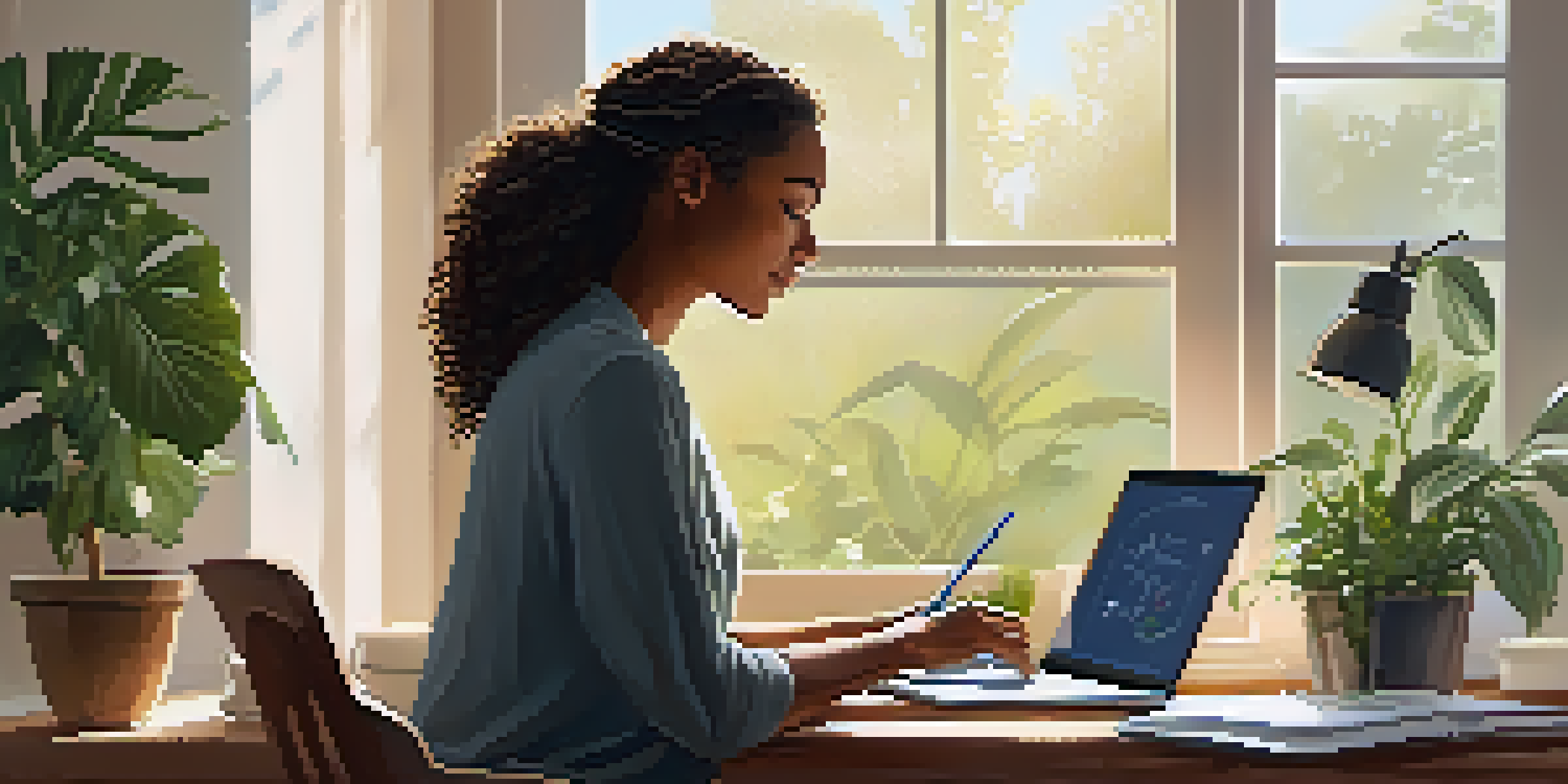 A person in a cozy home office participating in a remote consultation on a laptop, with a warm and inviting atmosphere.