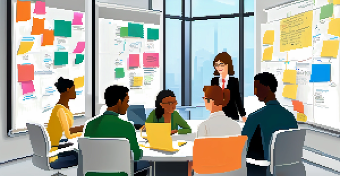 A diverse group of professionals in a bright office meeting room, sharing ideas and collaborating around a circular table.