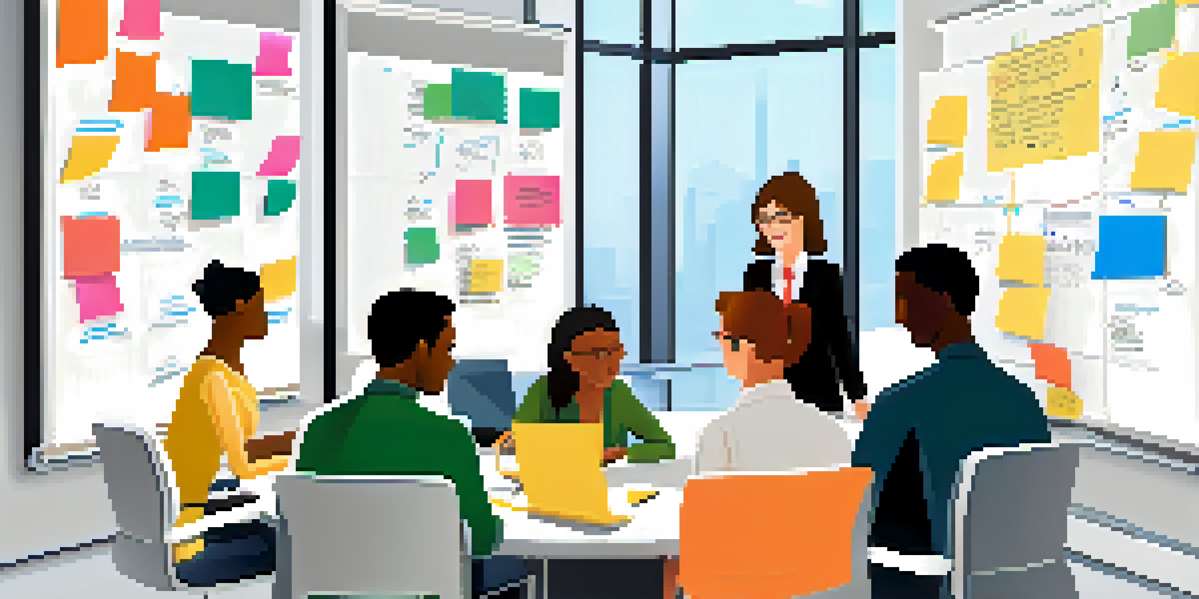 A diverse group of professionals in a bright office meeting room, sharing ideas and collaborating around a circular table.