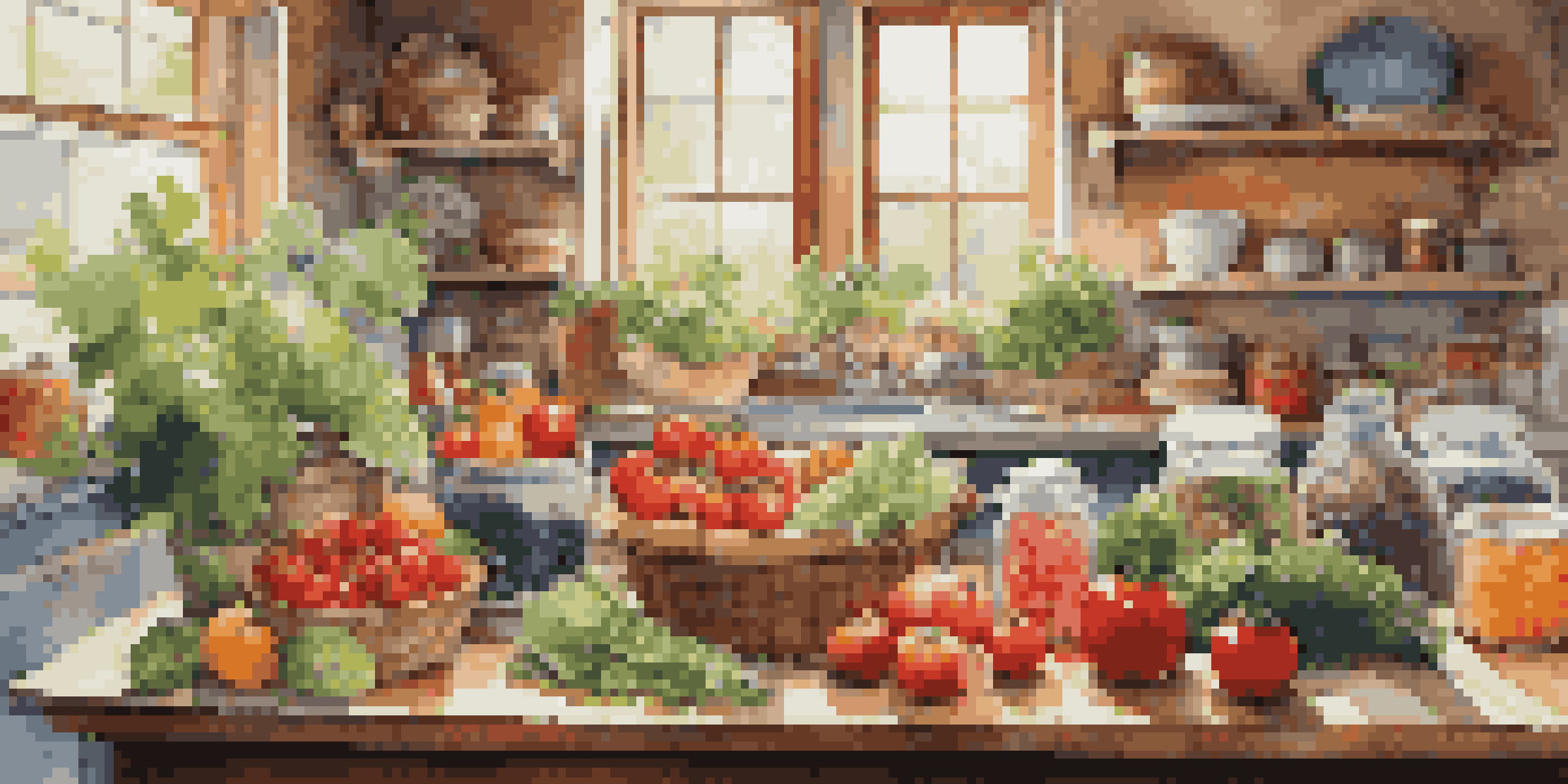 A bright kitchen with a wooden table overflowing with fresh fruits and vegetables, alongside jars of fermented foods, illuminated by sunlight.
