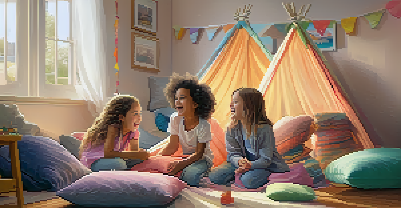 Children building a fort together in a living room, demonstrating teamwork and collaboration.