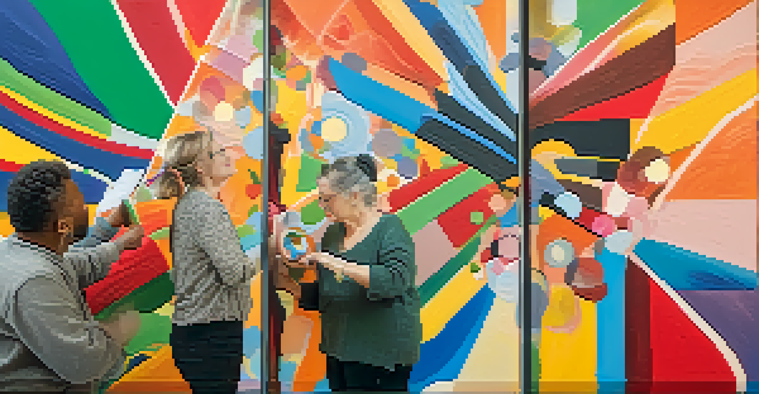 A close-up of a veteran painting a colorful mural in an art therapy session, surrounded by supportive peers.