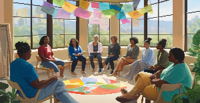 A diverse group of individuals participating in a community health workshop, promoting health equity, in a bright and welcoming space.