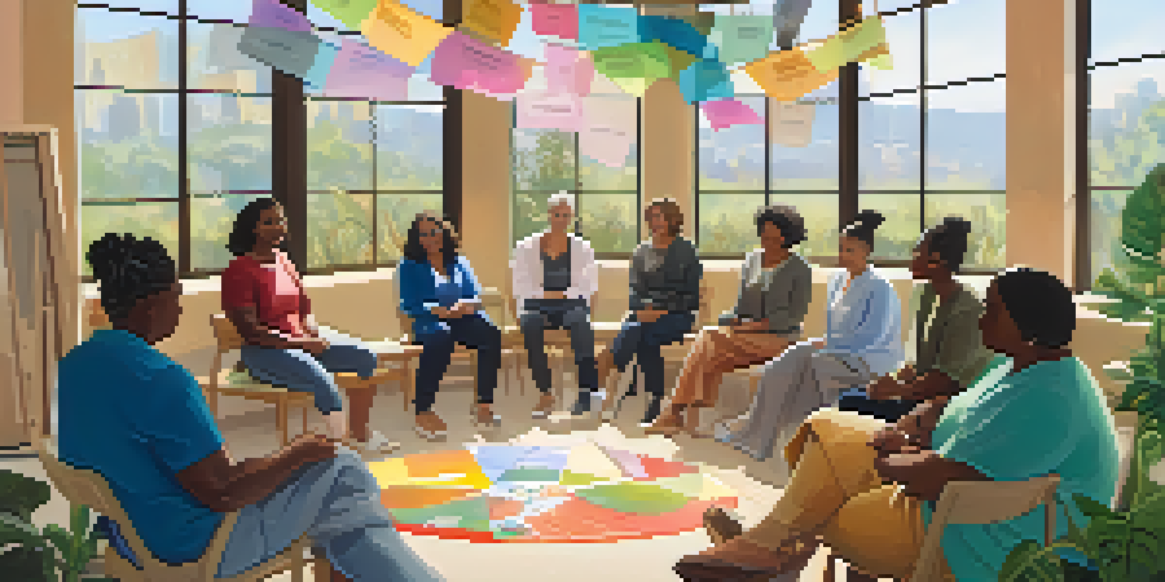 A diverse group of individuals participating in a community health workshop, promoting health equity, in a bright and welcoming space.