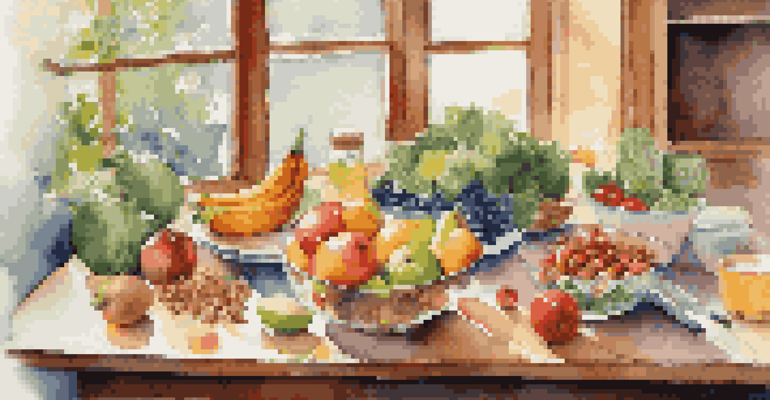 A kitchen table filled with colorful healthy foods like fruits and vegetables, with warm light illuminating the scene.