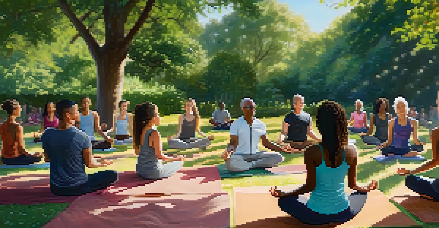 A diverse group practicing yoga in a tranquil garden, highlighting relaxation and well-being in a peaceful setting.
