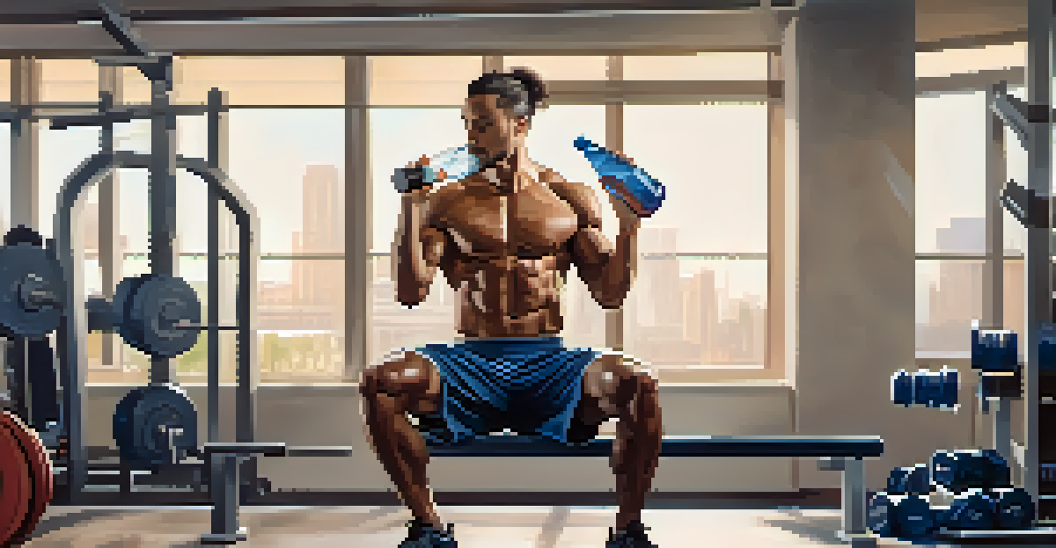 An athlete resting on a bench in a gym, drinking from a water bottle, with weights in the background.