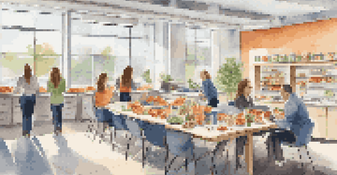 An office break room filled with healthy snacks like fruits and nuts, with employees enjoying the space and interacting with each other.