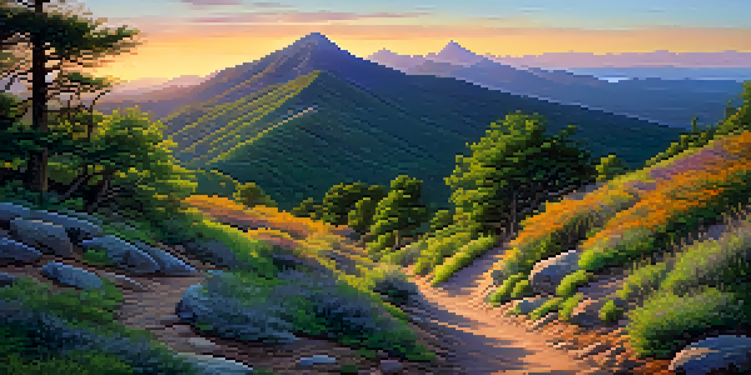 A tranquil mountain landscape at sunset with a winding hiking trail and vibrant colors in the sky.