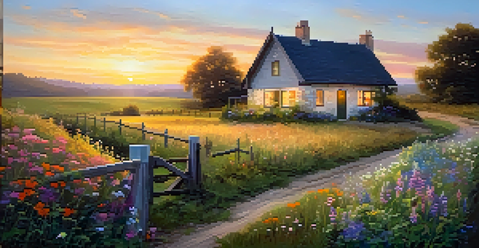 A peaceful rural scene with a cottage and wildflowers at sunset, showcasing warm golden light and a inviting dirt path.