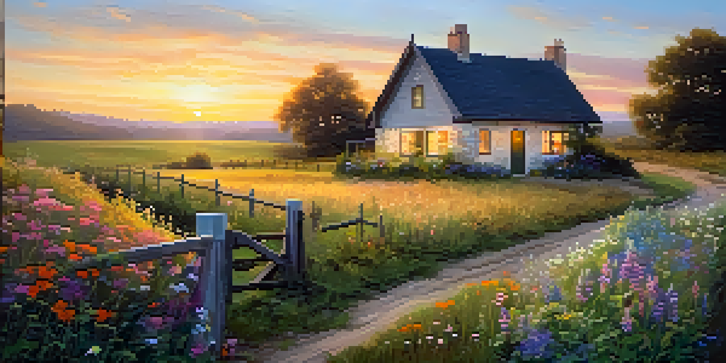 A peaceful rural scene with a cottage and wildflowers at sunset, showcasing warm golden light and a inviting dirt path.