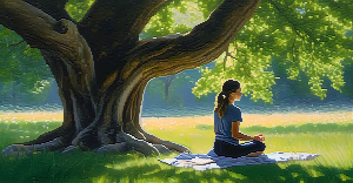 A person meditating under an oak tree with sunlight filtering through the leaves, surrounded by wildflowers.