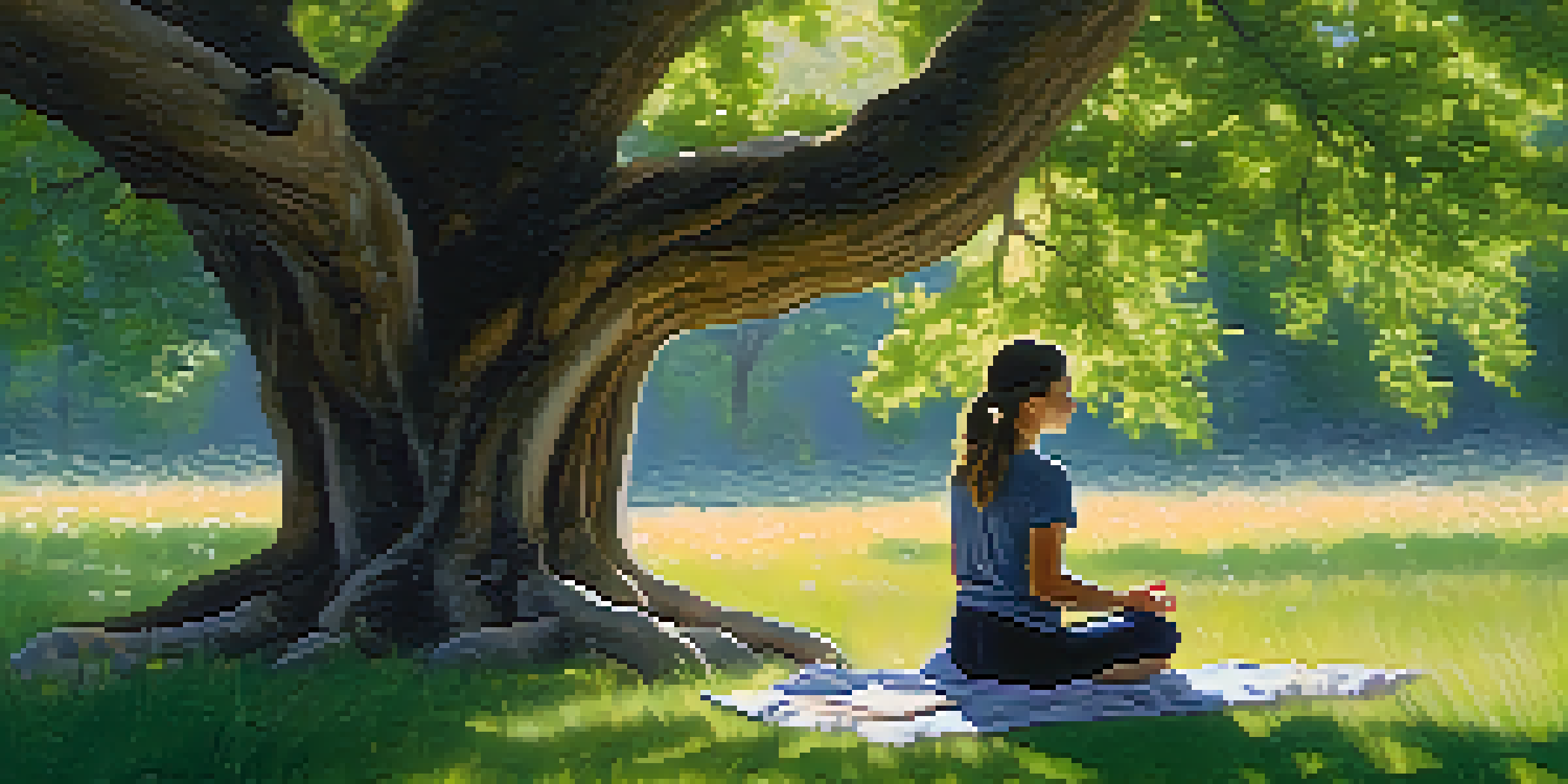 A person meditating under an oak tree with sunlight filtering through the leaves, surrounded by wildflowers.