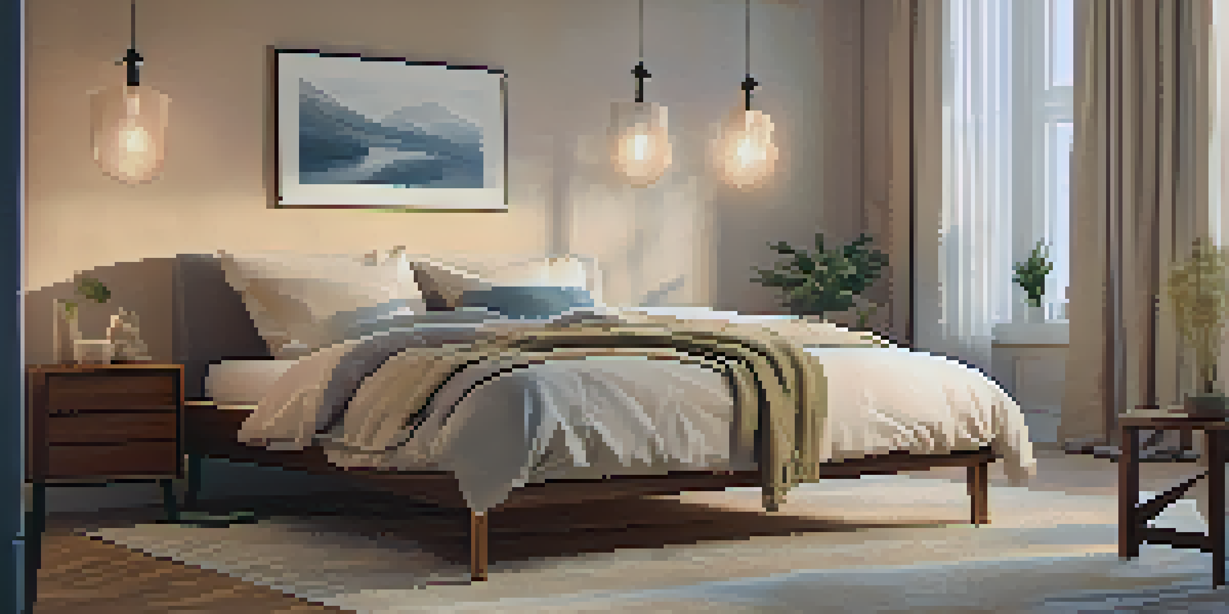 A serene bedroom scene with soft lighting and a neatly made bed, designed for relaxation and sleep.