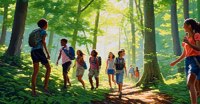 A group of young people hiking in a green forest, smiling and enjoying each other's company under sunlight filtering through the trees.