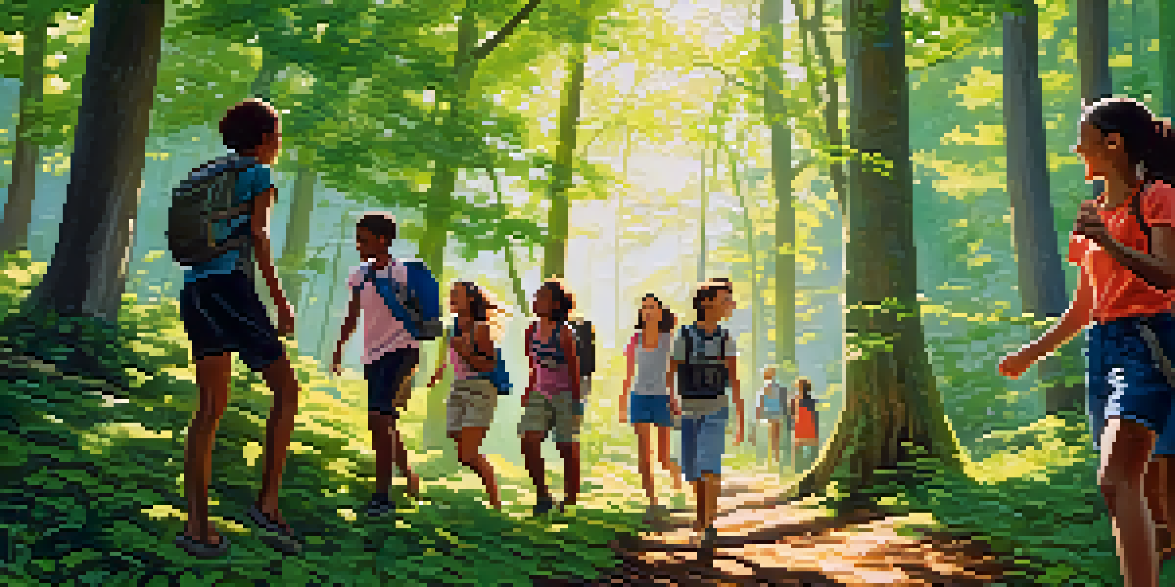 A group of young people hiking in a green forest, smiling and enjoying each other's company under sunlight filtering through the trees.