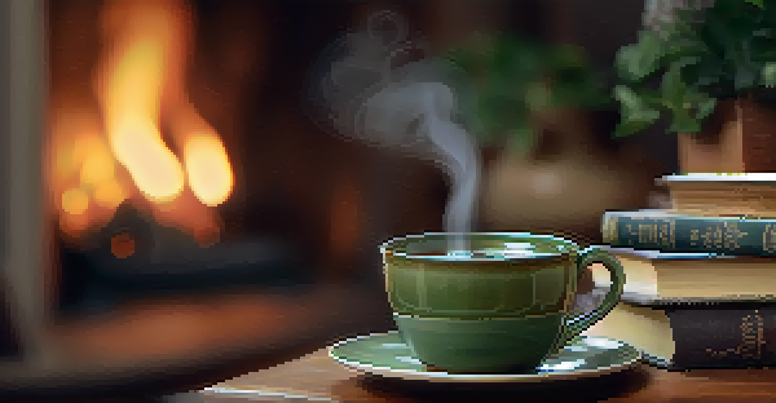 A close-up of a hand holding a steaming cup of herbal tea, with a cozy living space in the background, featuring a blanket and books.
