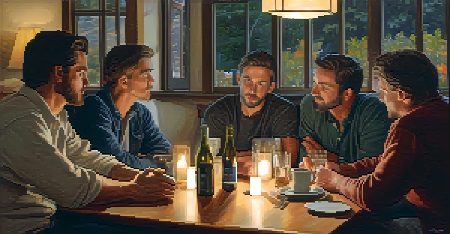 A group of men sitting together in a cozy room, sharing a supportive conversation.