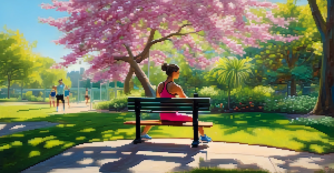 A person exercising on a park bench in a sunny outdoor setting, surrounded by greenery and colorful flowers.