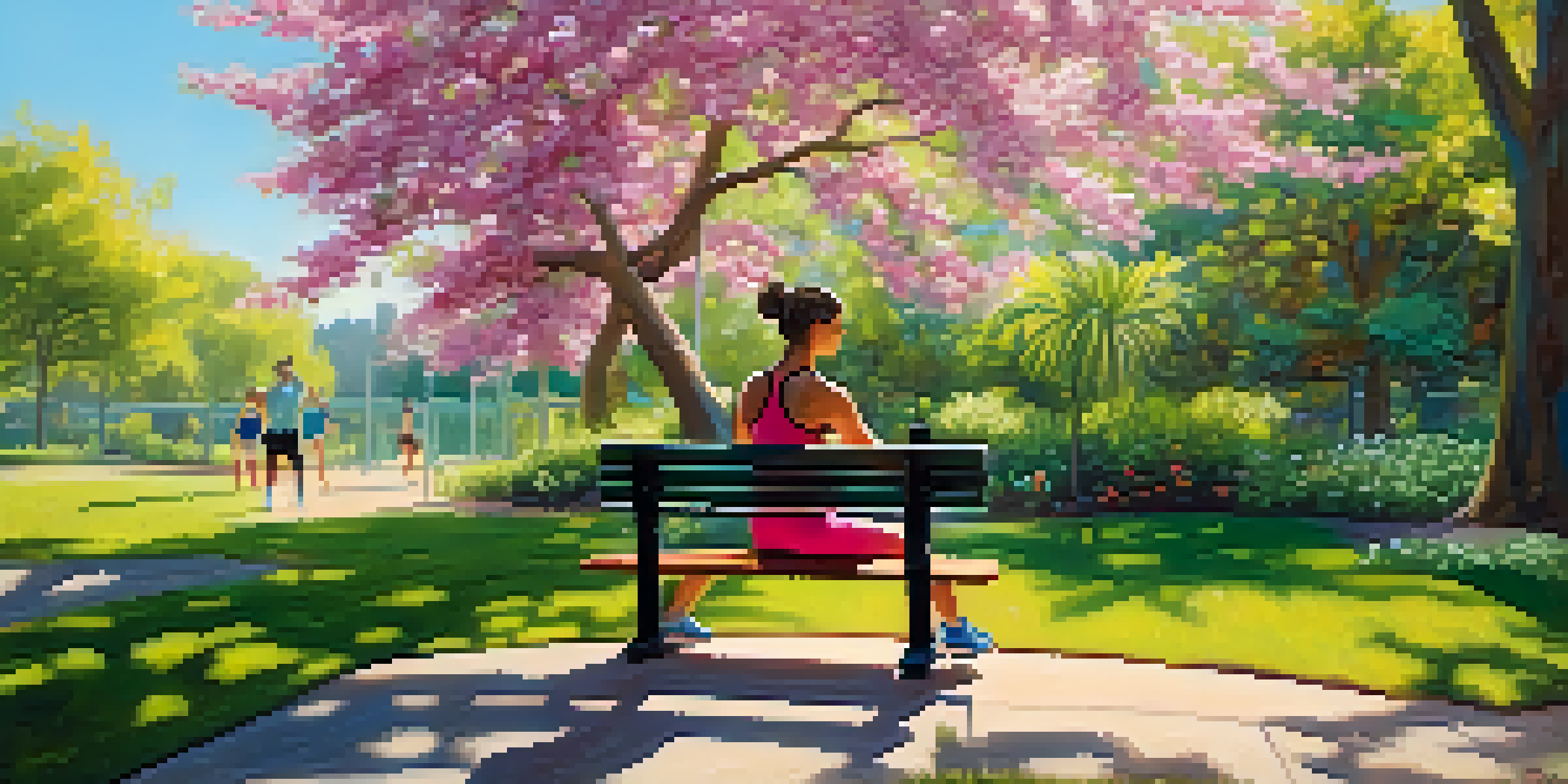 A person exercising on a park bench in a sunny outdoor setting, surrounded by greenery and colorful flowers.