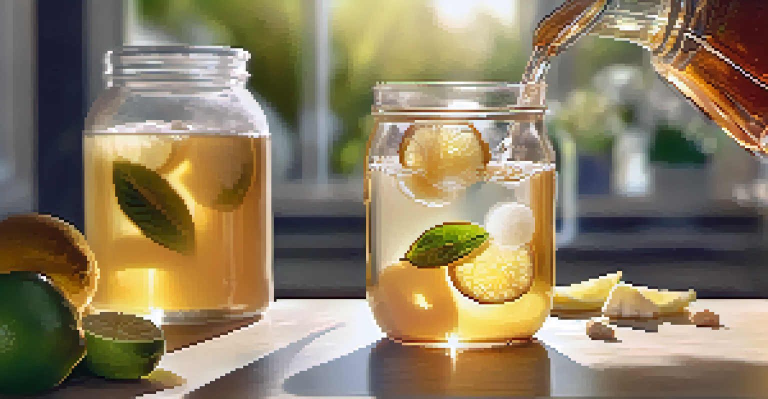 A close-up of a hand pouring kombucha into a glass, with fresh ingredients like ginger and lemon in the background.