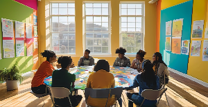 A lively workshop with diverse youth discussing mental health in a bright room filled with colorful posters and natural light.