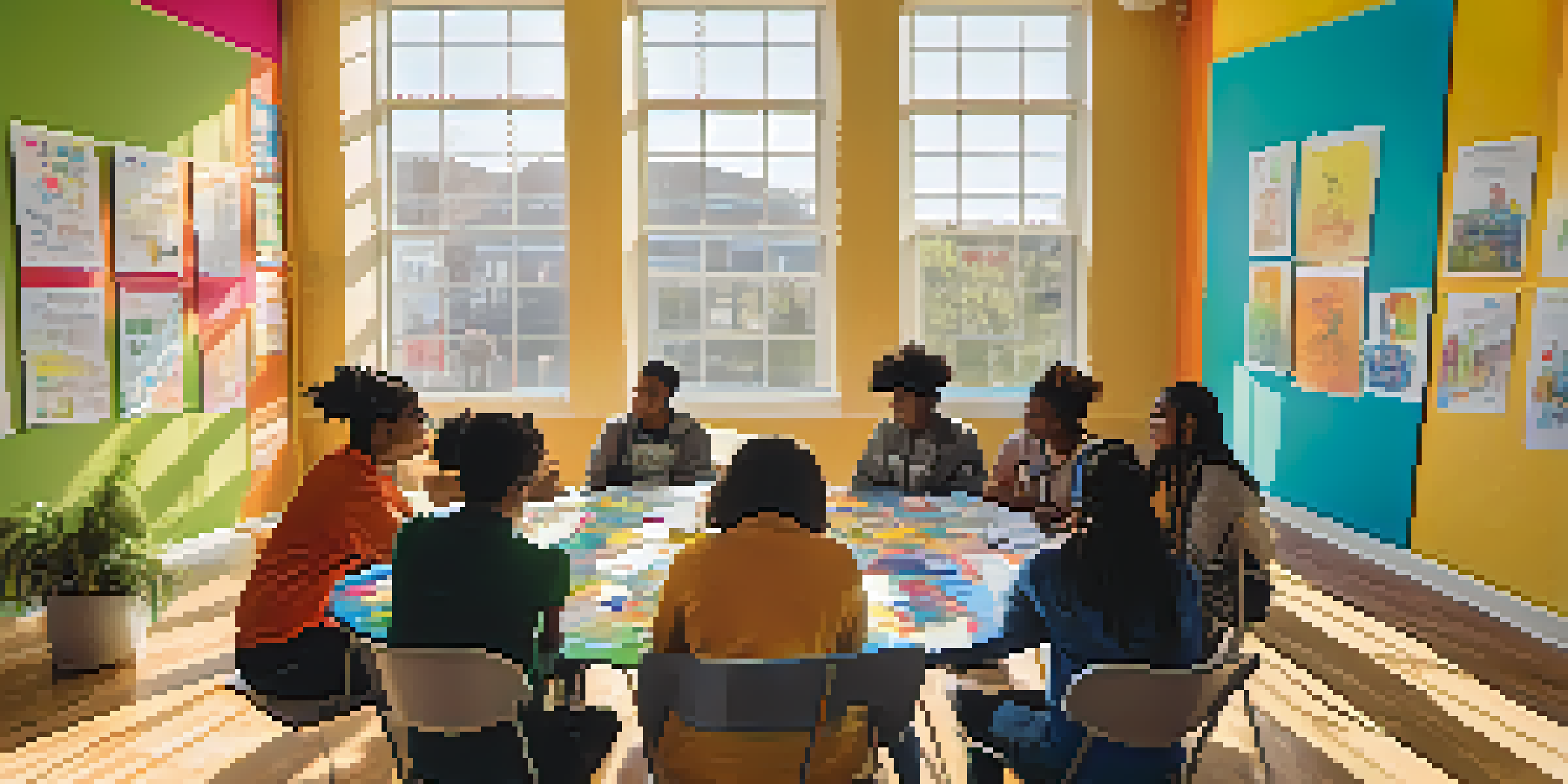 A lively workshop with diverse youth discussing mental health in a bright room filled with colorful posters and natural light.